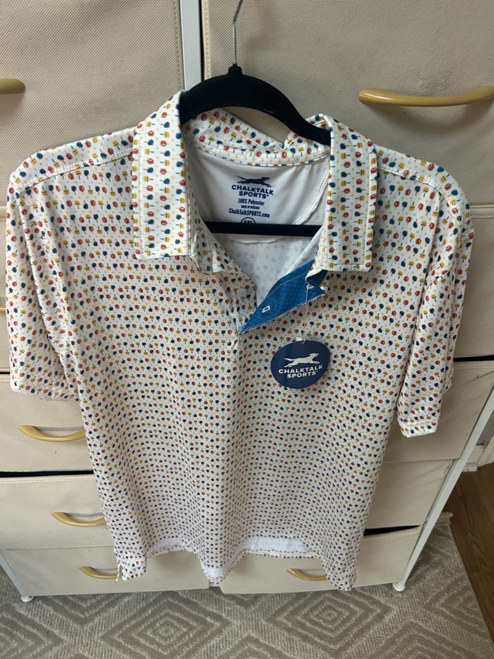 Chalk Talk Me’s White Polo with Colorful Micro-Print